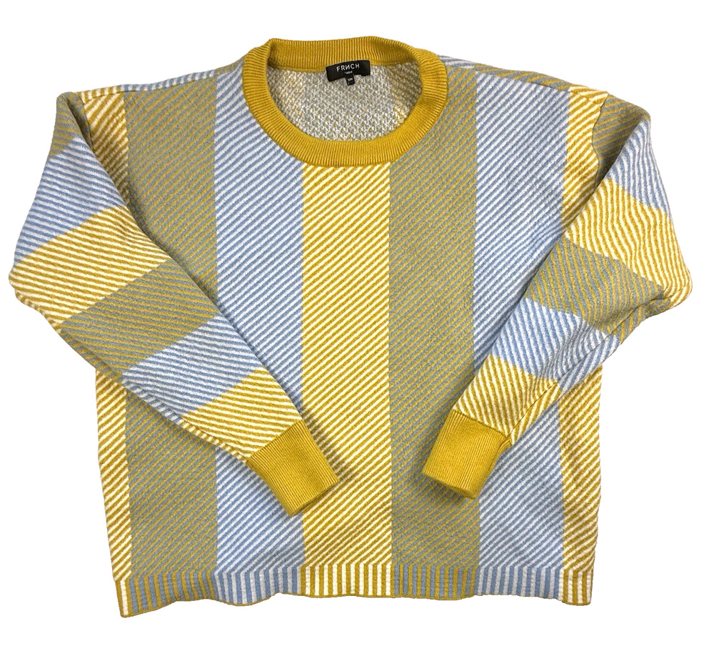 Frnch Paris Vertical Striped Knit Sweater Crewneck Mustard Yellow blue S/M